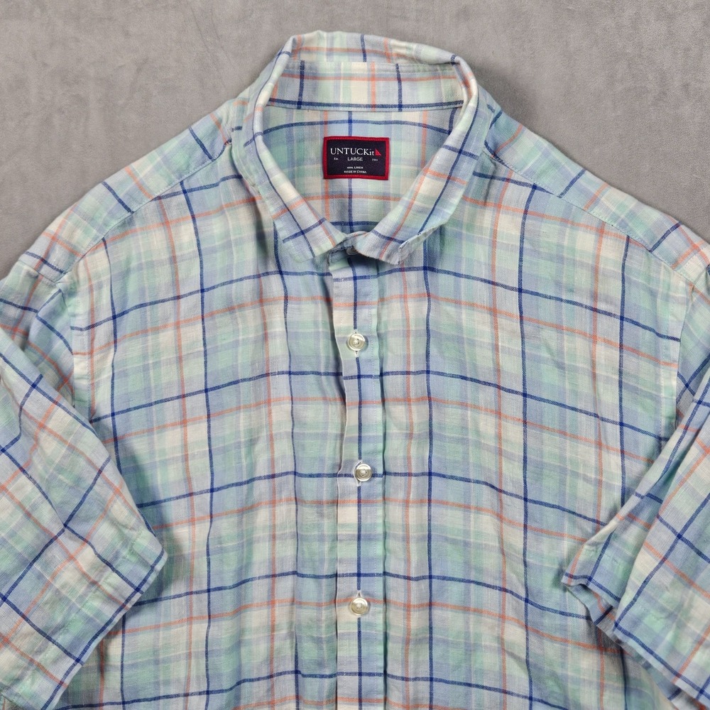 UNTUCKit Shirt Mens Large Blue Plaid 100% Linen Short Sleeve Colorful Button Up